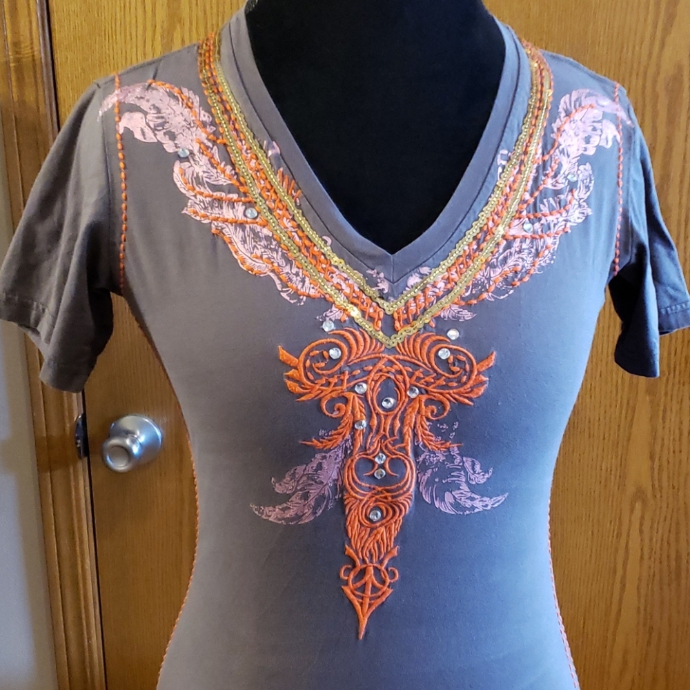 Roar grey and orange stitched jewelled t-shirt women's L